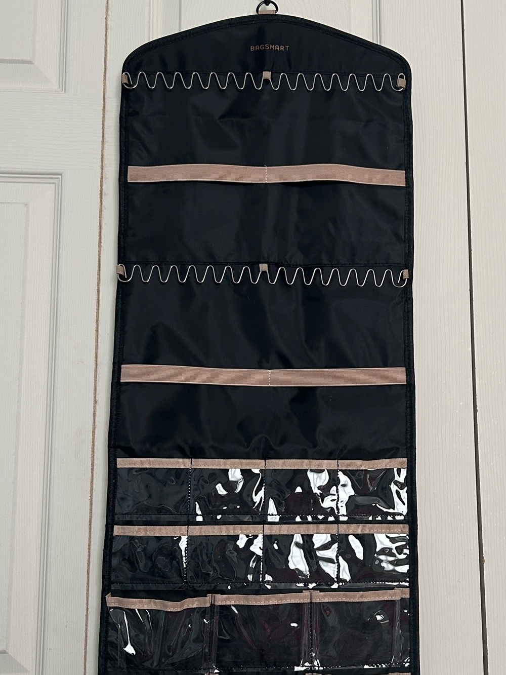 BAGSMART Black Jewelry Organizer Hanging Case with Clear Pockets